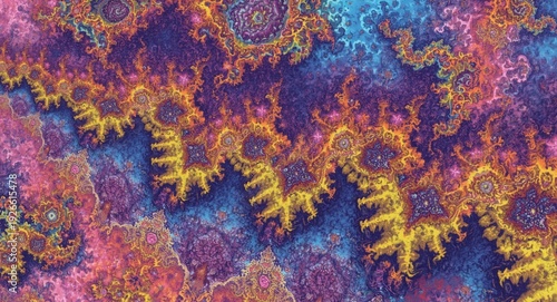 Vibrant psychedelic fractal forms illustrated with color pencil texture