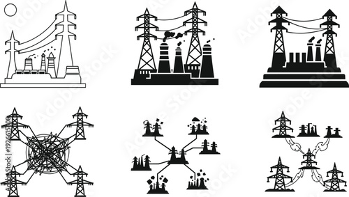 Set of hand drawn high voltage electrical pylon sketches, industrial transmission tower vector icons, utility maintenance silhouettes, energy grid infrastructure,