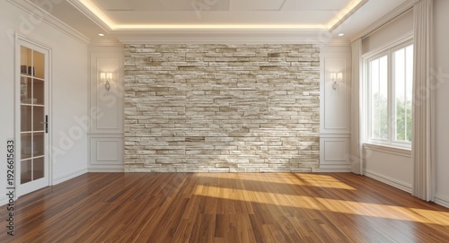 Rendered view of a bright living room with wooden floors and decorative stone wall ideal as backdrop for home office or bedroom environment