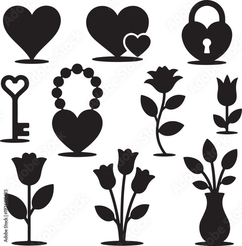black silhouettes of hearts flowers and locks on white background
