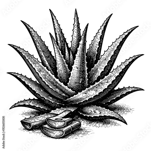 Vintage botanical engraving of an Aloe Vera plant, featuring succulent leaves and cut sections. This image highlights its use in natural medicine, skincare, and traditional remedies for health & welln