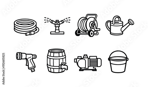 Garden watering system tools: garden hose, sprinkler, hose reel, watering can, spray nozzle, rain barrel, water pump, bucket