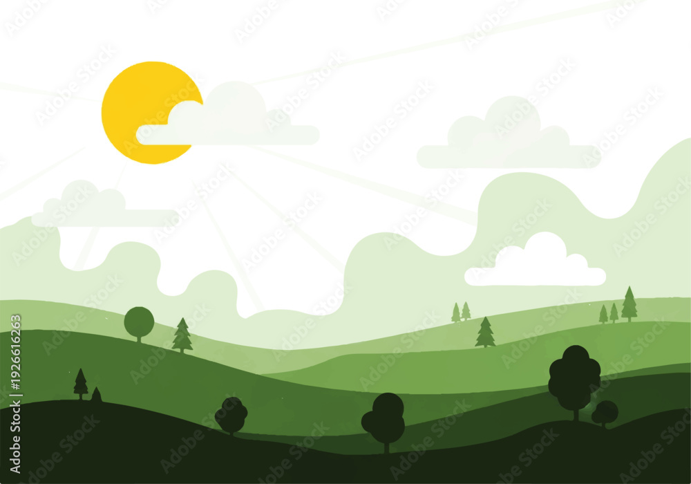 Fototapeta premium Animated background video of a serene landscape with rolling green hills, trees, and a sunny sky with clouds.