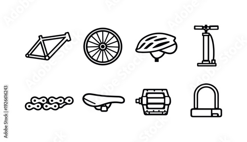 Bicycle parts: bicycle frame, bicycle wheel, bicycle helmet, bicycle pump, bicycle chain, bicycle saddle, bicycle pedal, bicycle lock