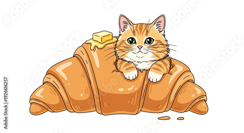 Adorable Ginger Cat Napping on a Croissant Pastry