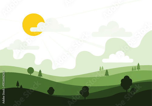 Animated background video of a serene landscape with rolling green hills, trees, and a sunny sky with clouds.