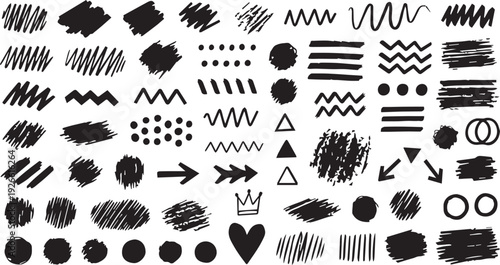 Memphis design elements set with black brush strokes and shapes on white background for graphic design