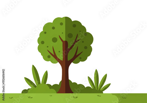 A cartoon tree with lush green foliage stands on a grassy mound against a clean white background video.