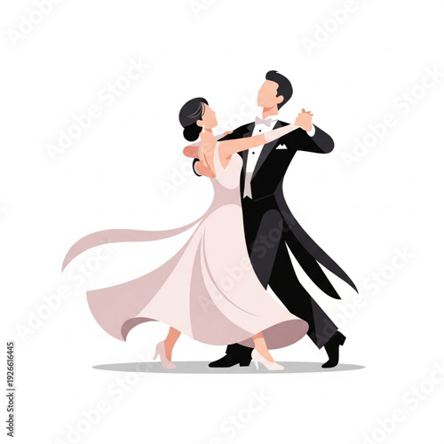 Elegant Couple Dancing Waltz Ballroom Flat Vector Illustration Graceful Spin Pose