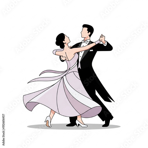 Elegant Couple Dancing Waltz Ballroom Flat Vector Illustration Graceful Spin Pose