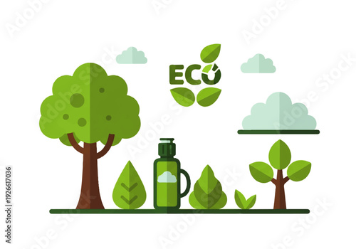 Eco-friendly background video illustration of a green landscape with trees, a reusable bottle, and eco logo with clouds, conveying an environmentally conscious mood.