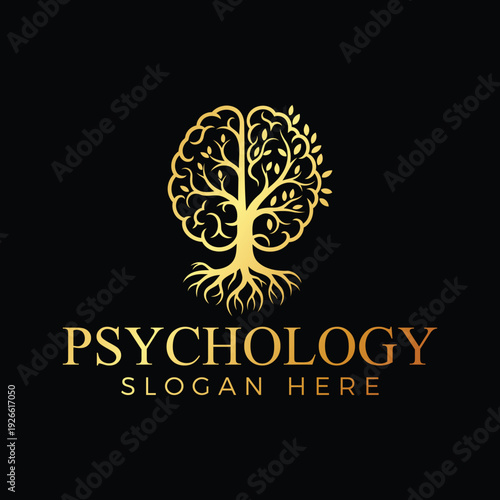 Elegant psychology logo with brain tree design on black background