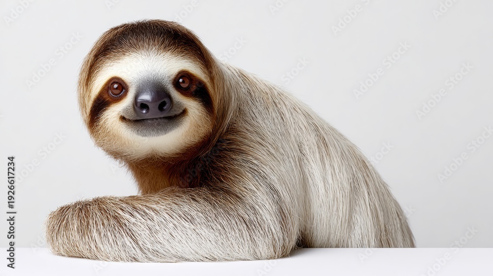 Obraz premium Sloth with a friendly expression resting its head on its forelimbs against a plain white background, showcasing its distinctive fur and facial features