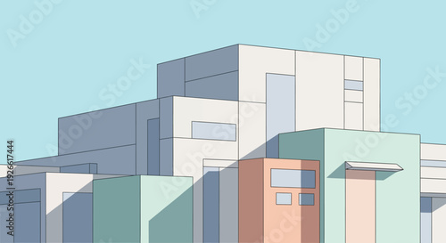 Abstract architectural design with a modern aesthetic, colorful facades and blue sky