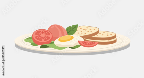 A wholesome breakfast plate with an egg, sliced tomatoes, and toast presented in a simple