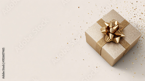 Elegant Golden Gift Box with Bow and Sparkles on Light Background
