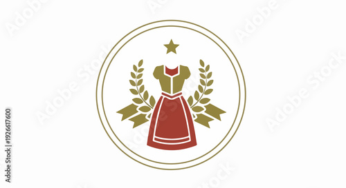Traditional Bavarian dirndl dress emblem with laurel wreath and star, Oktoberfest cultural symbol.