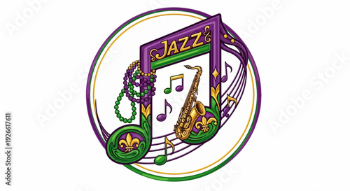Mardi Gras jazz music celebration, New Orleans festival with saxophone and notes in purple, green, gold colors.