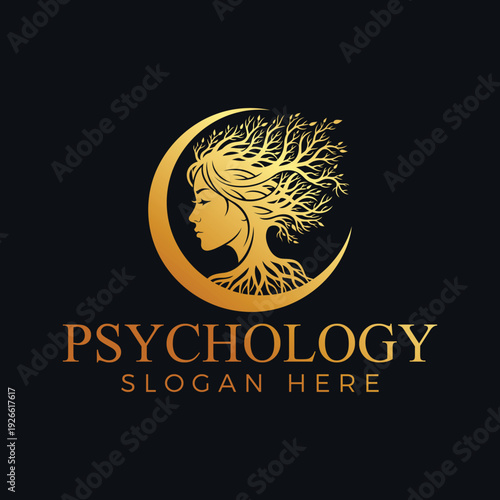 Golden logo of woman's face with tree on crescent moon for psychology