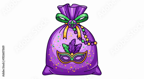 Mardi Gras gift bag filled with beads, mask, and feathers, festive purple decoration