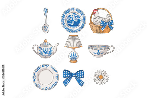 A charming collection of blue and white porcelain tableware including a teapot plates and a decorative basket with a hen.