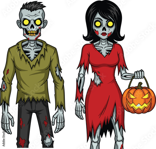 Halloween zombie couple silhouettes, male and female, glowing eyes, pumpkin bucket, horror theme, spooky illustration, undead characters, festive design