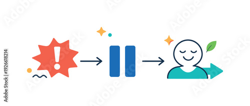 Second-order calm and emotional regulation before reacting in tense situations, a pause symbol placed between a stimulus icon and a response arrow