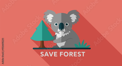 Sad Koala Hugging Tree with 'Save Forest' Text, Environmental Conservation Concept
