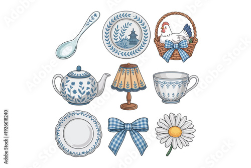 A charming collection of blue and white porcelain tableware including a teapot plates and a decorative basket with a hen.