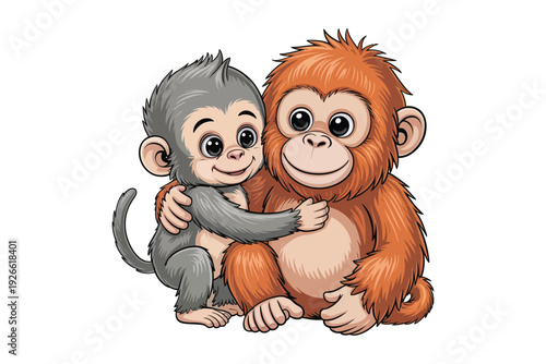 Two adorable orangutan monkeys embrace in a heartwarming illustration showcasing a strong bond and playful companionship high-quality professional detailed modern.
