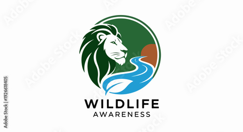 Wildlife awareness logo featuring a majestic lion's head, green foliage, and a flowing river, symbolizing nature's power.