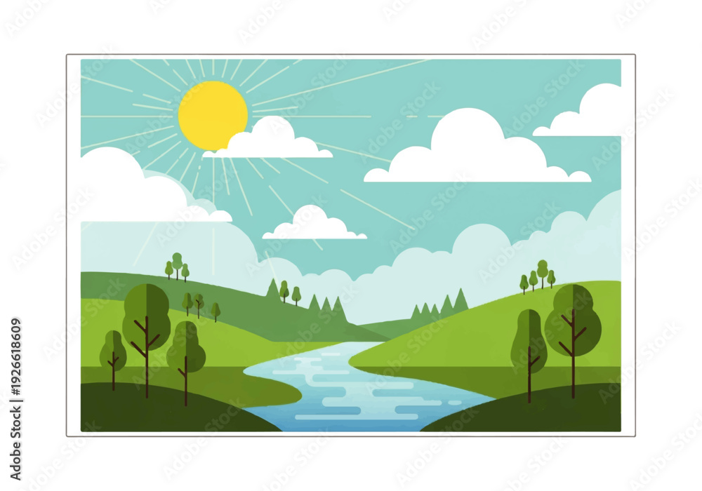 Obraz premium Animated background video of a serene landscape with a winding river, green hills, trees, and a sunny sky with fluffy clouds.