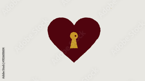 A heart shape rendered in a textured burgundy, with a keyhole in a contrasting gold in the center