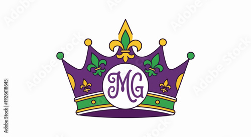 Royal crown adorned with fleur-de-lis and Mardi Gras colors, featuring 'MG' monogram, signifying royalty and festivity