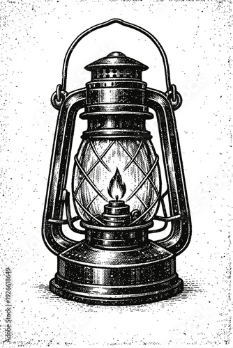 Exquisite vintage kerosene lantern illustration, meticulously hand-drawn in a classic engraved woodcut style, showcasing a warm, flickering flame within its protective glass globe. This rustic oil lam