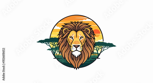 Powerful lion's face against a vibrant sunset over the African savanna with acacia trees, evoking wildness and majesty