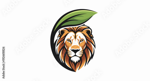 Majestic lion's head with a green leaf forming a natural halo, representing strength, leadership, and eco-consciousness