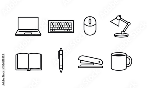 Office desk items: laptop, keyboard, mouse, desk lamp, notebook, pen, stapler, coffee mug
