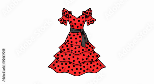 Flamboyant red flamenco dress with black polka dots and ruffled sleeves, traditional Spanish attire