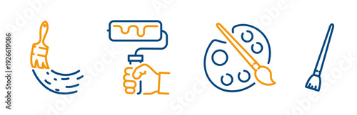 Painting tools icons, set icon of paint roller, paintbrush, palette, line vector with editable stroke