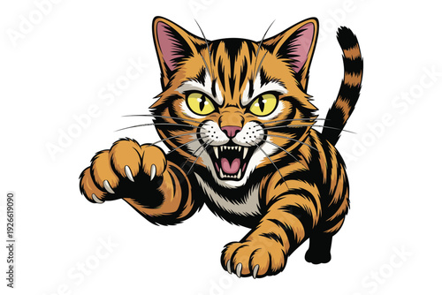 A vibrant illustration depicts an orange tabby cat in a fierce pouncing pose with exposed claws and a determined expression.