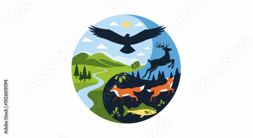 Circular emblem showcasing diverse wildlife and natural landscapes, representing ecological balance