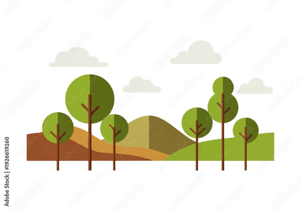 Fototapeta premium Illustration of a serene landscape with trees on a hill against a white background with clouds, featuring a stylized background video scene.