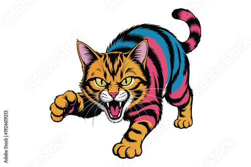 A vibrant and stylized illustration depicts a fierce orange tabby cat in a dynamic pouncing pose showcasing intense green eyes.