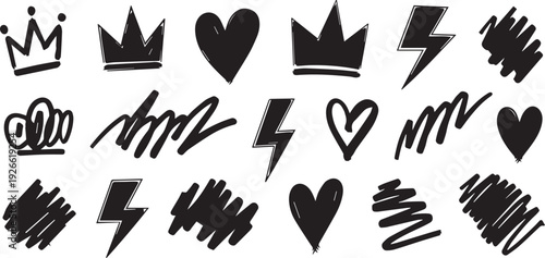 Hand drawn graffiti crown heart lightning symbol set on white background