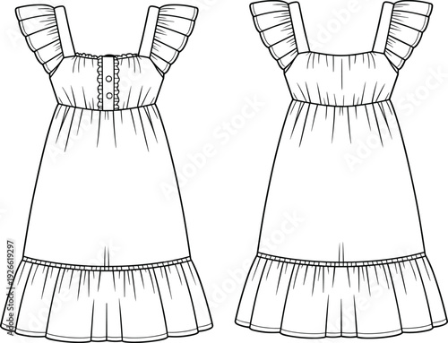 Girl’s ruffle strap dress flat sketch with button placket, gathered bodice, tiered hem, front and back technical fashion drawing