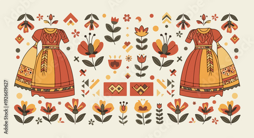 Two traditional folk dresses with intricate patterns, surrounded by floral and geometric motifs.