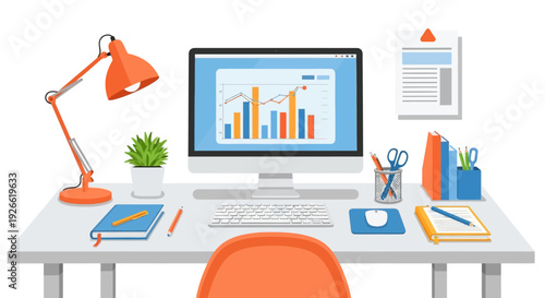 A vibrant illustration of a workspace with computer, charts, and office supplies