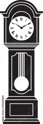 Black and white grandfather clock with Roman numerals