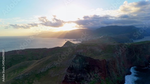 Golden Hour Aerial of Coastal Cliffs and Ocean, Madeira Island Portugal